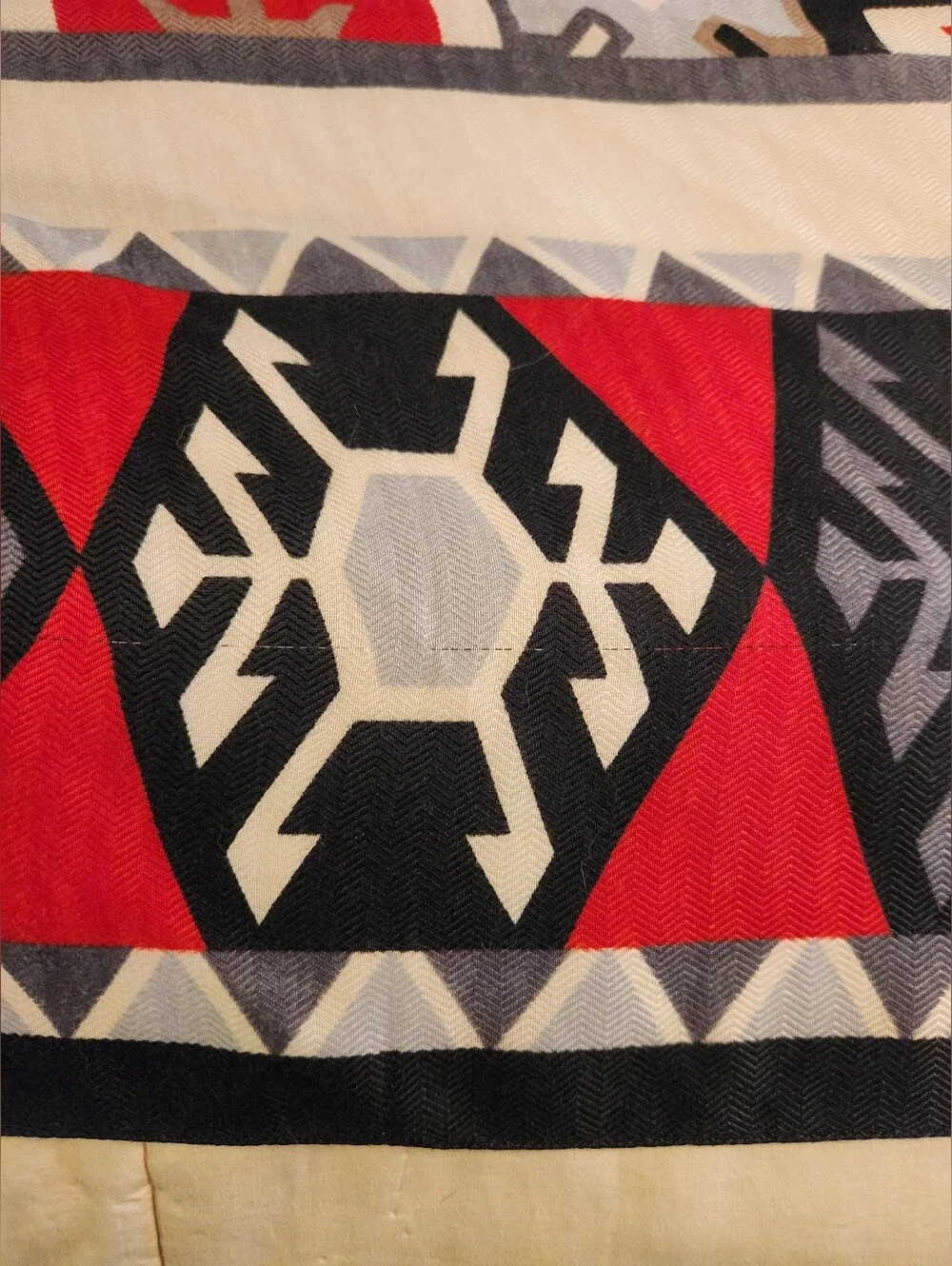 Vintage Southwestern Print Scarf, Red, Black White, Aztec 46 Inch Square EUC